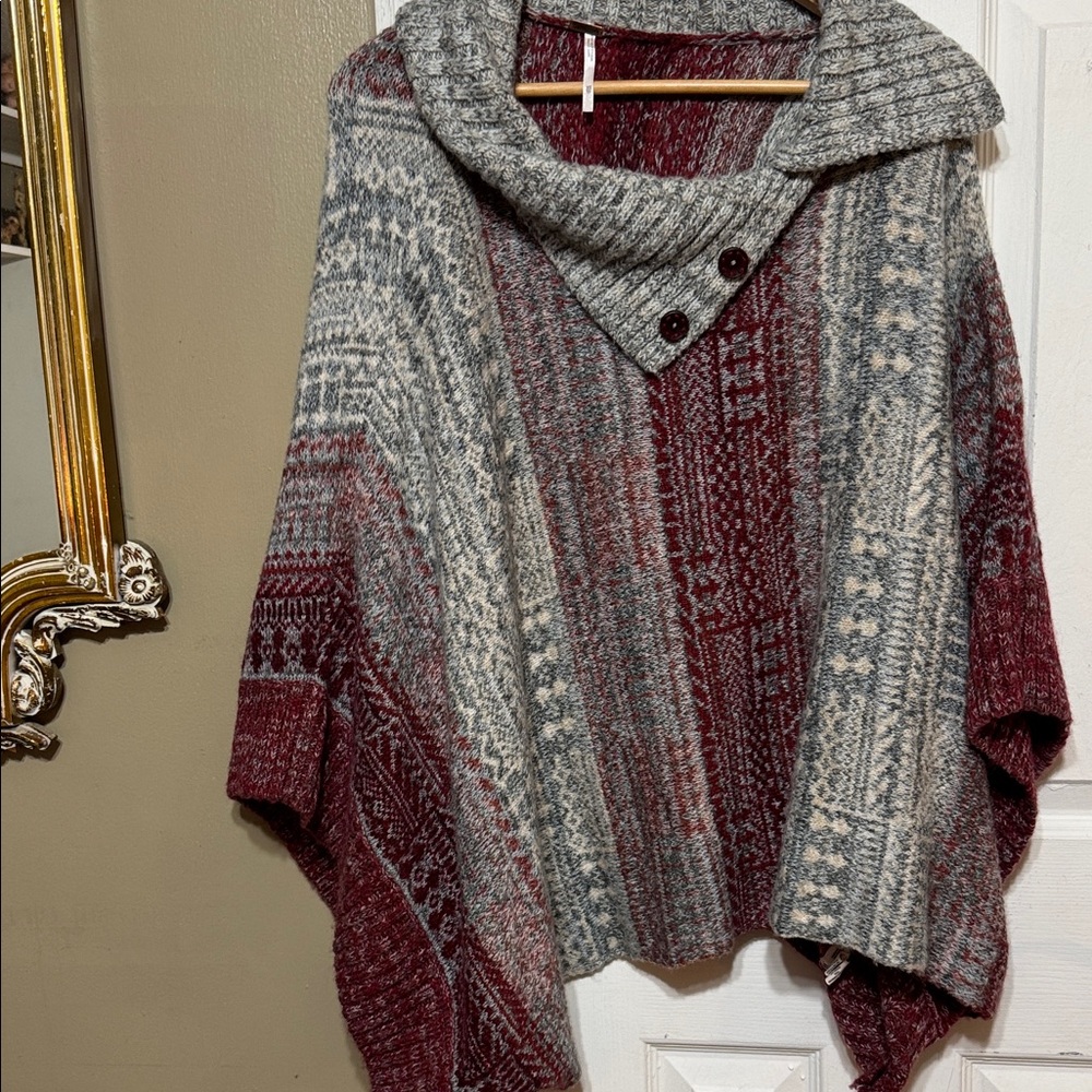 Free People Burgundy and Gray Cowl Neck Poncho